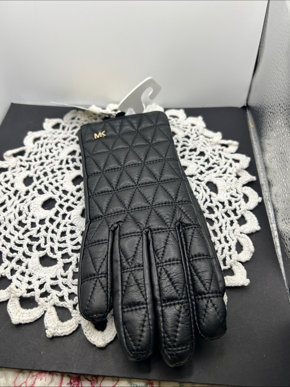 Michael Kors Black Quilted Leather Women's Gloves with Gold MK Accent